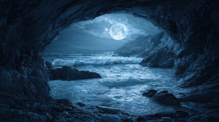 Moonlit ocean waves crash against rocky shores viewed from a dark cave.