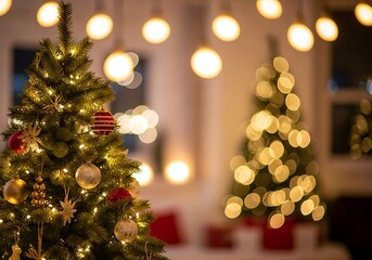 Cozy Christmas scene featuring a decorated tree in sharp focus with warm, golden bokeh lights blurring the background