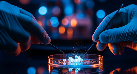Scientists in gloves manipulating nanomaterials in a laboratory setting with bokeh lights