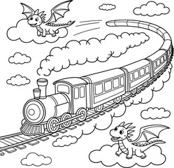 Whimsical Train Adventure with Friendly Flying Dragons Among the Clouds,  Coloring page  © MD FARID