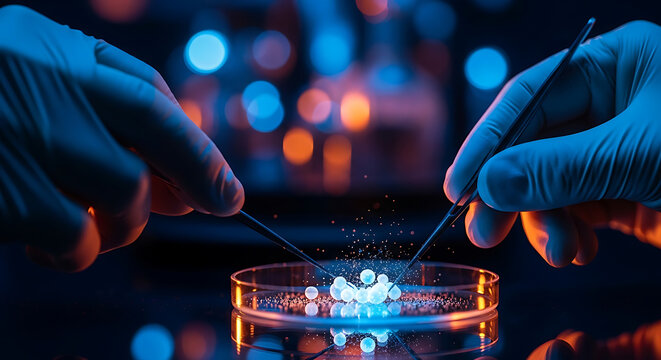 Scientists in gloves manipulating nanomaterials in a laboratory setting with bokeh lights