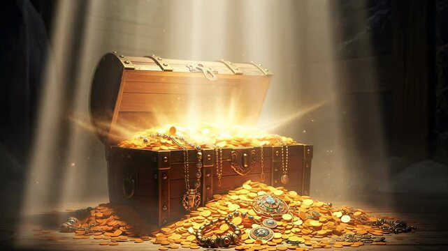 Ancient treasure chest opening revealing sparkling gold coins, jewels, and necklaces inside, surrounded by light rays, footage