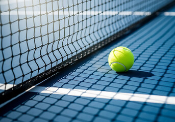 Yellow tennis ball sits on blue court under net shadow