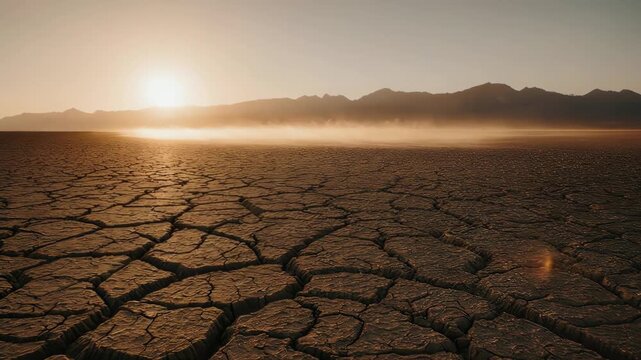 Cracked earth leads to the desert horizon as the sun sets over a mountain range