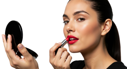 Elegant woman applying vibrant red lipstick using a compact mirror