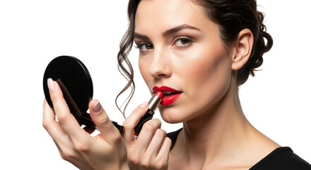 Elegant woman applying red lipstick using a compact mirror for touch-ups