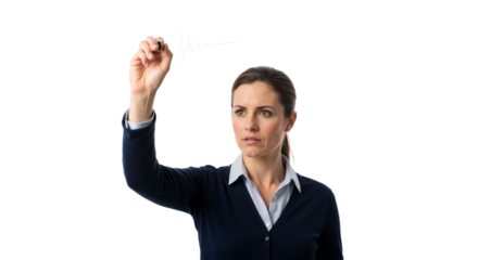 Focused woman visualizes data charting future growth on transparent display