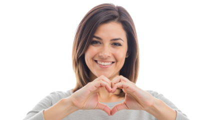 Radiant brunette woman expressing affection with a heart hands gesture