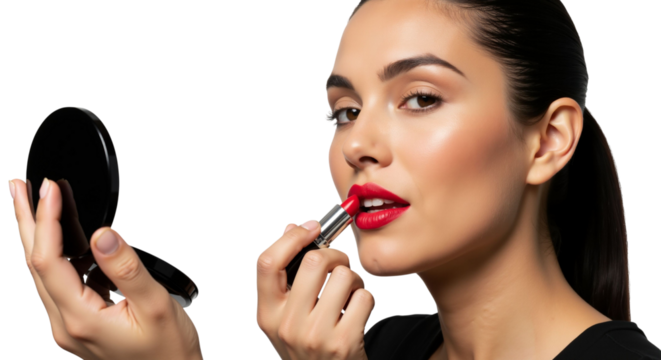 Elegant woman applying vibrant red lipstick using a compact mirror