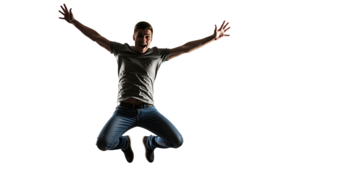 Enthusiastic young man leaps joyfully with exuberance against white backdrop
