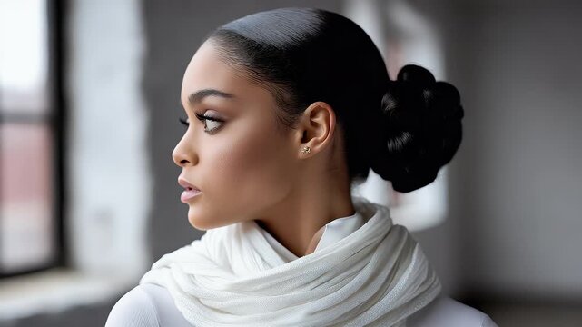 Elegant portrait of a woman with scarf and updo hairstyle