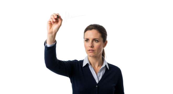 Focused woman visualizes data charting future growth on transparent display