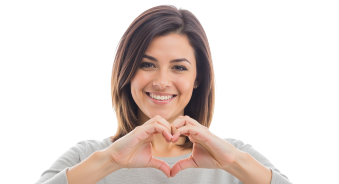 Radiant brunette woman expressing affection with a heart hands gesture