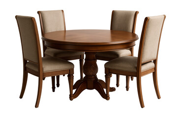 Classic round wooden dining table with carved legs and four high-back chairs.