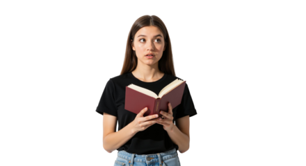 Young thoughtful woman engrossed in reading a book isolated on white background