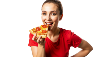 Cheerful girl eating delicious pepperoni pizza against a clear background