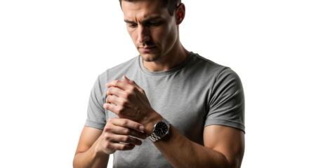 Elegant man adjusts his wristwatch with focused gaze, against a white backdrop