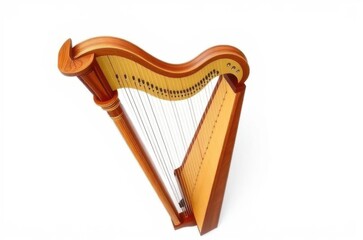 A harp with tall wooden frame, curved neck, golden column, and multiple strings spanning the soundboard, shown in entirety overhead. Generative AI