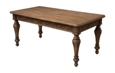 A vintage dining table with detailed carvings and a rustic finish, perfect for a