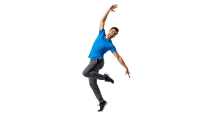 Dynamic man performing expressive dance movement against white backdrop