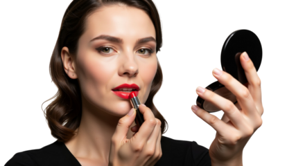 Elegant woman applying vibrant red lipstick while holding a compact mirror