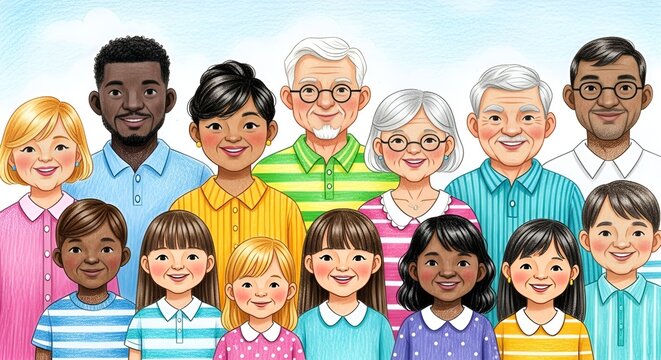 Diverse cartoon family portrait featuring adults and children from different ethnicities