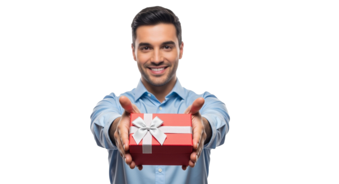 Smiling man offers a neatly wrapped gift with ribbon on white background