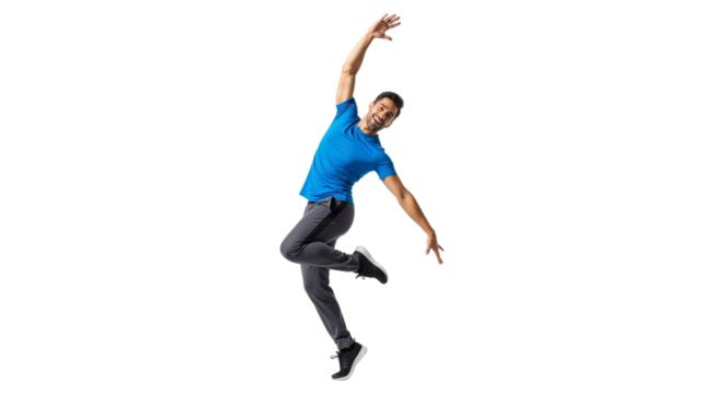 Dynamic man performing expressive dance movement against white backdrop