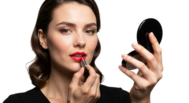 Elegant woman applying vibrant red lipstick while holding a compact mirror - Powered by Adobe