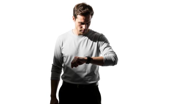 Modern man checking wristwatch against a stark white background studio light