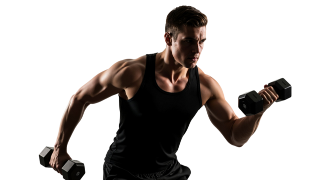 Determined athlete lifting dumbbells during intense workout session