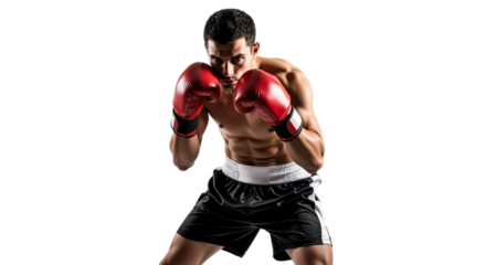 Determined boxer in fighting stance isolated on clean white backdrop