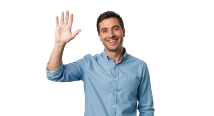 Smiling man waving hello on white background in a friendly manner