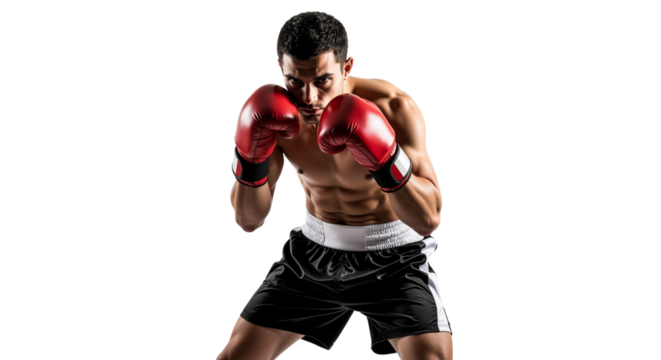 Determined boxer in fighting stance isolated on clean white backdrop - Powered by Adobe