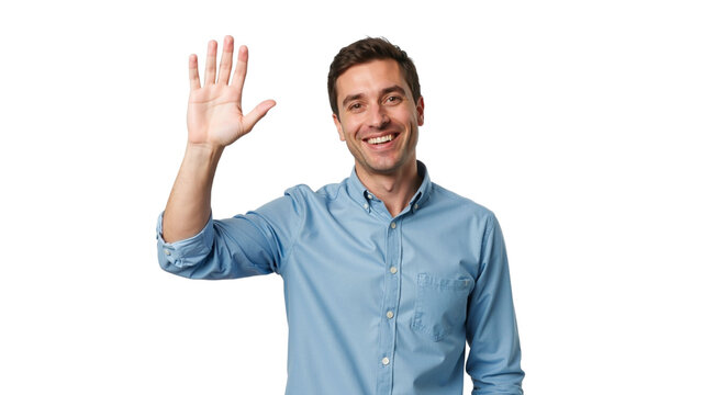 Smiling man waving hello on white background in a friendly manner