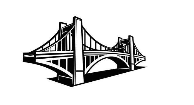 Striking Black and White Illustration of a Suspension Bridge with Architectural Design