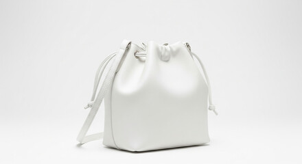 Minimalist White Leather Drawstring Bucket Bag on Simple White Background