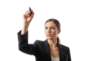 Businesswoman draws on transparent screen with marker on white background