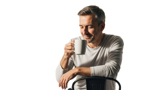 Contented man enjoying a moment of peace with a warm beverage mug