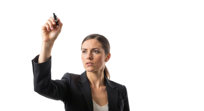 Businesswoman draws on transparent screen with marker on white background