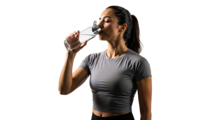 Hydrated fitness woman taking refreshment sip from transparent bottle