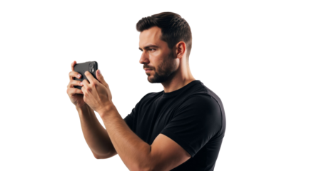 Concentrated man holding a smartphone in horizontal orientation