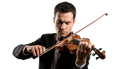Passionate violinist absorbed in playing captivating music composition