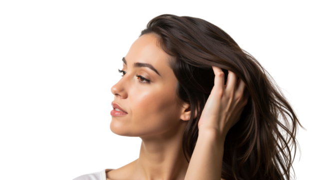 Brunette beauty with hand in hair posing against a clean background - Powered by Adobe