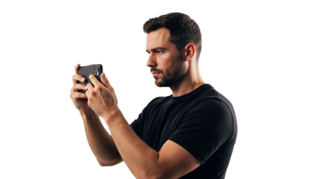 Concentrated man holding a smartphone in horizontal orientation