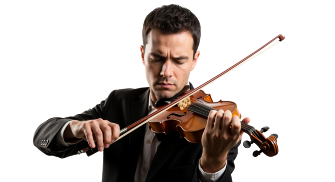 Passionate violinist absorbed in playing captivating music composition