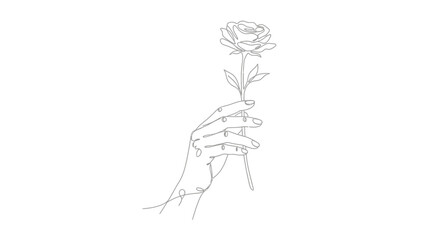 Elegant Hand Holding a Delicate Rose Flower in a Minimalist Line Art Style