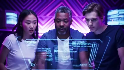 Diverse Startup Team Collaborating on Futuristic Holographic Interface - Powered by Adobe