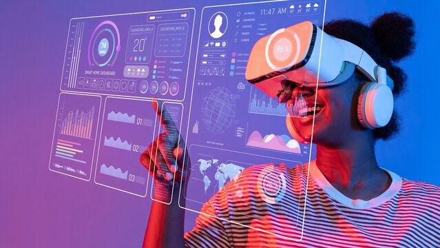 A young woman joyfully interacts with a virtual reality headset, engaging with vibrant holographic data displays in a bright and innovative environment. Raster