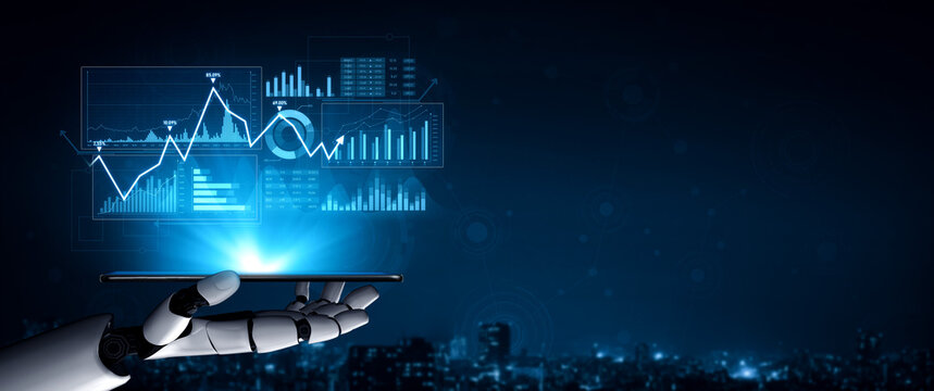 A futuristic robotic hand presents a smartphone displaying dynamic data visualization, symbolizing innovation and the intersection of technology with modern urban life. Scalp